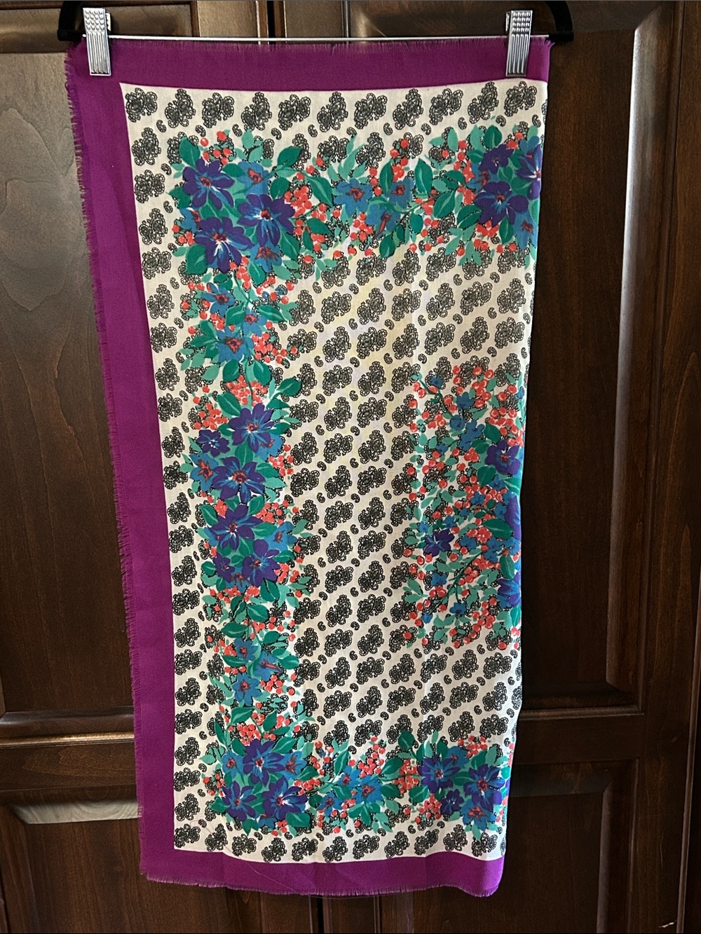 Cotton Raw Edge Purple Border Floral Print Scarf - 32 x 32